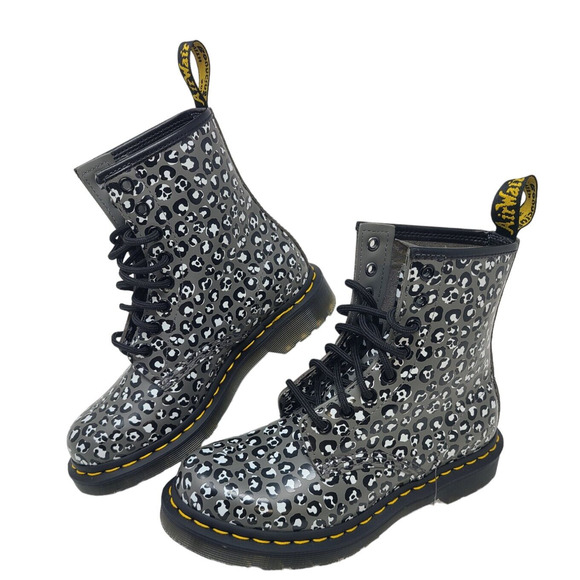 DOC DR MARTENS GUNMETAL 1460 LOUD LEOPARD Leather Boots Sz 6 Grunge Whimsigoth - Picture 1 of 14